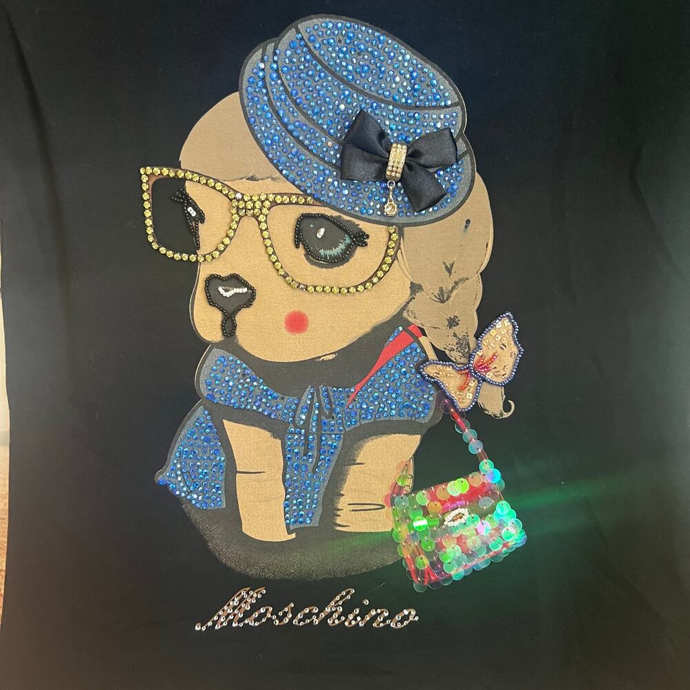 Love Moschino Rhinestone 3D Dog T-shirt Luxury Designer Granny Glasses Bow XS - Picture 3 of 9